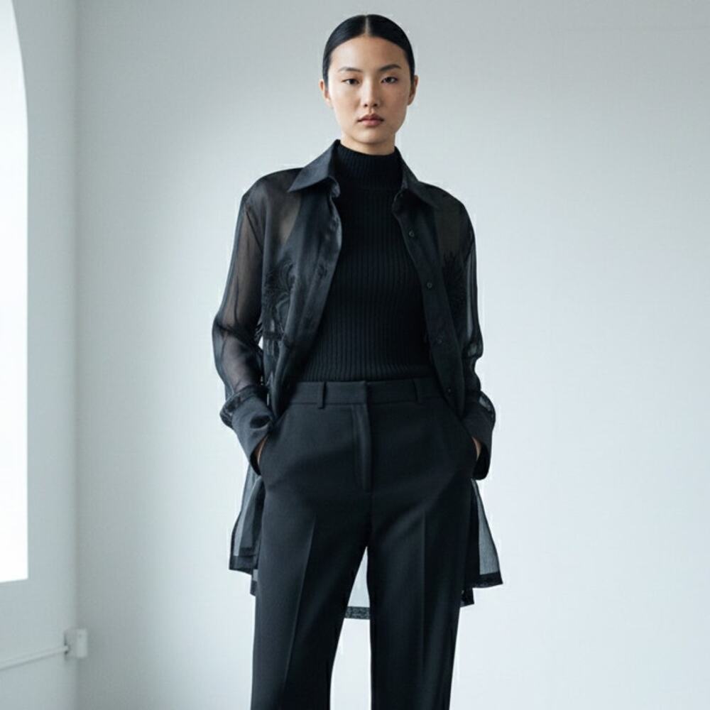 90s vintage black silk minimalist sheer organza emboidered tunic shirt blouse - Picture 9 of 10